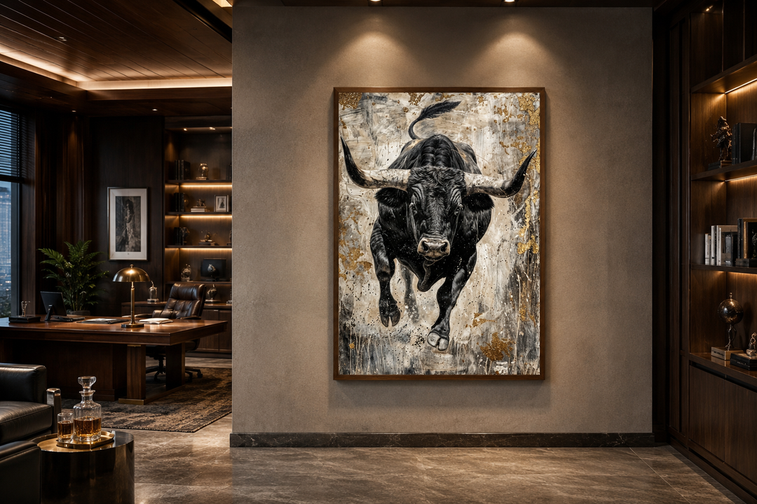 Vertical abstract painting of a charging black bull with gold accents in a modern office setting.