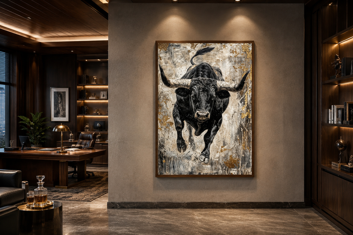 Vertical abstract painting of a charging black bull with gold accents in a modern office setting.