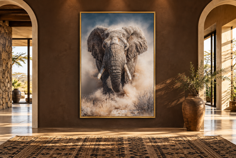 Vertical canvas art of a charging elephant in a dust cloud, framed on a brown wall in a modern room.