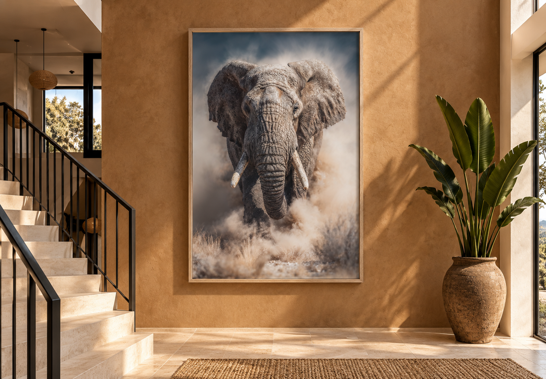 Vertical canvas wall art of a charging elephant in a dusty wildlife photography style.
