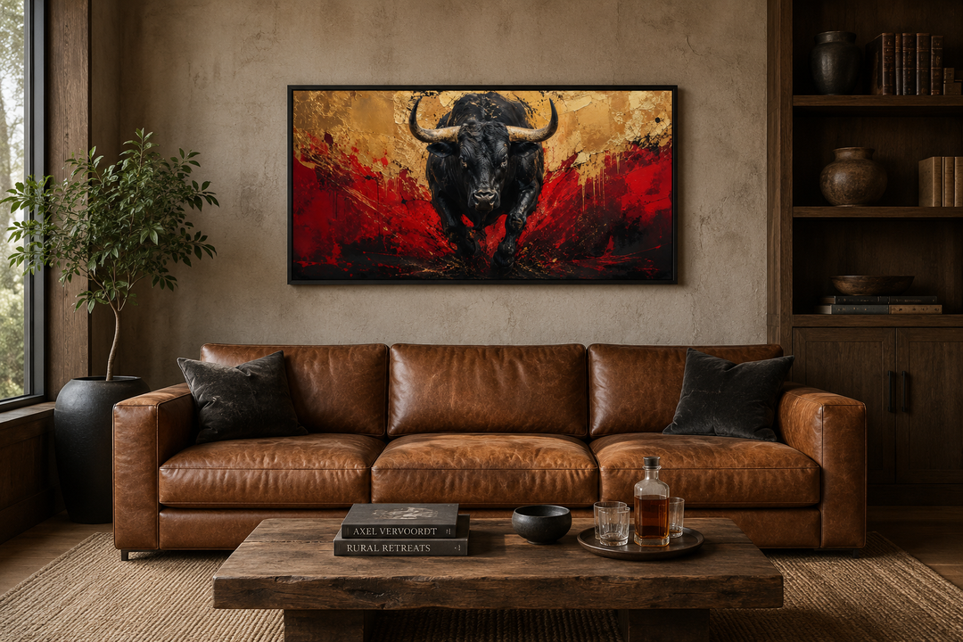 Framed canvas wall art of a charging black bull on a red and gold background above a leather sofa.