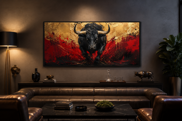 Framed canvas wall art of a charging black bull on a red and gold abstract background in an office.
