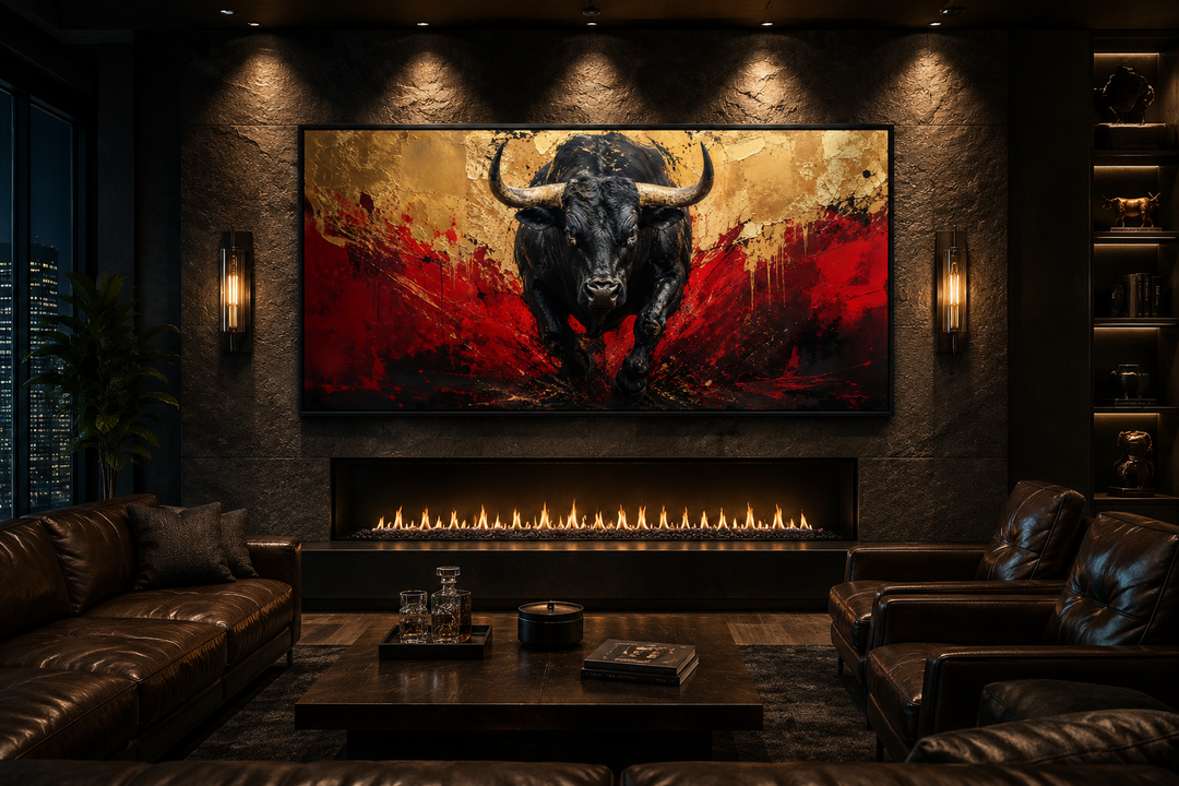 Framed canvas wall art of a charging black bull with red and gold abstract background in a den.