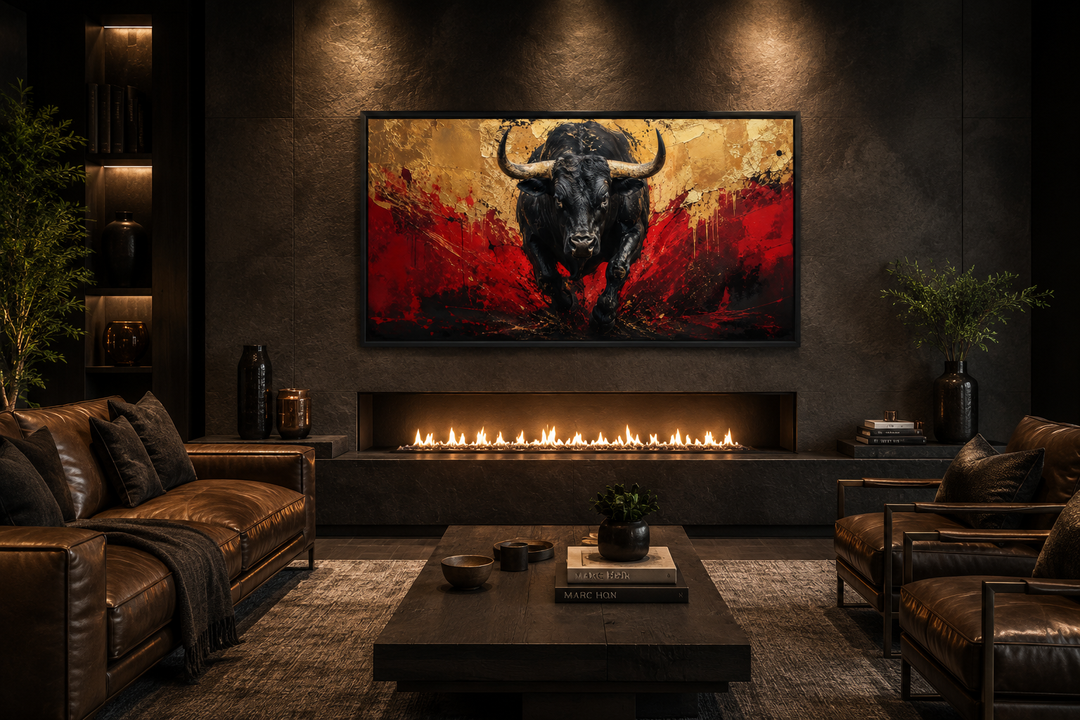 Framed canvas wall art of a charging black bull on a red and gold background in a dark living room.