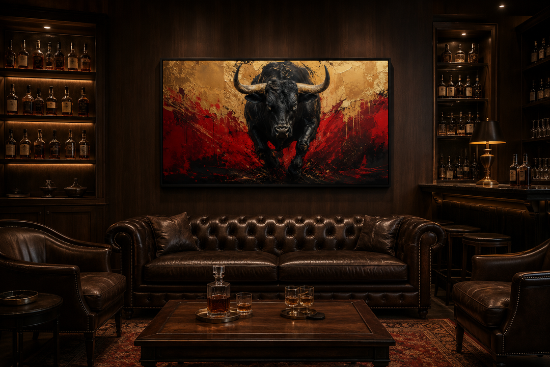 Framed canvas art of a charging black bull with red and gold accents in a dark wood lounge.