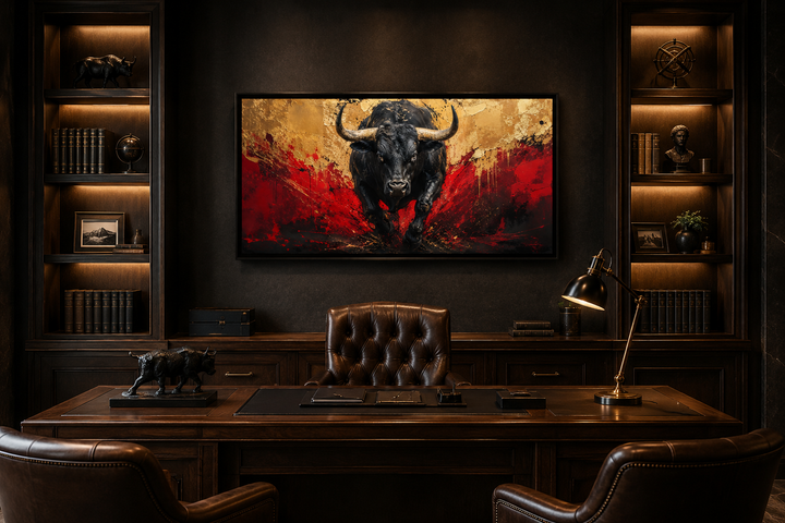 Framed canvas art of a charging black bull with red and gold abstract background in a dark office.