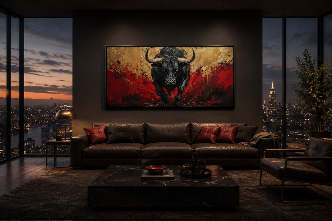 Framed canvas wall art of a charging black bull with red and gold abstract background in a room.