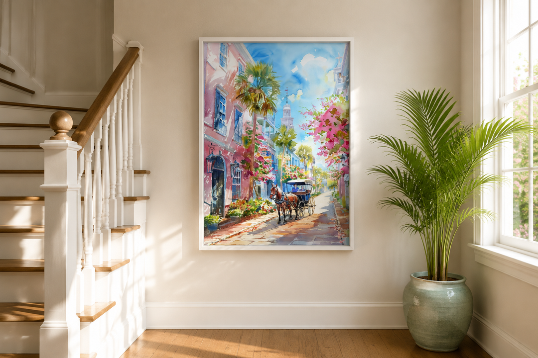 Charleston Horse Carriage In The Street Framed Canvas Wall Art