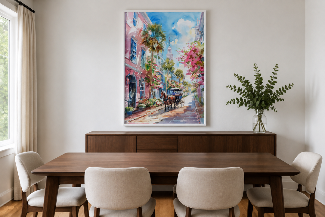 Charleston Horse Carriage In The Street Framed Canvas Wall Art