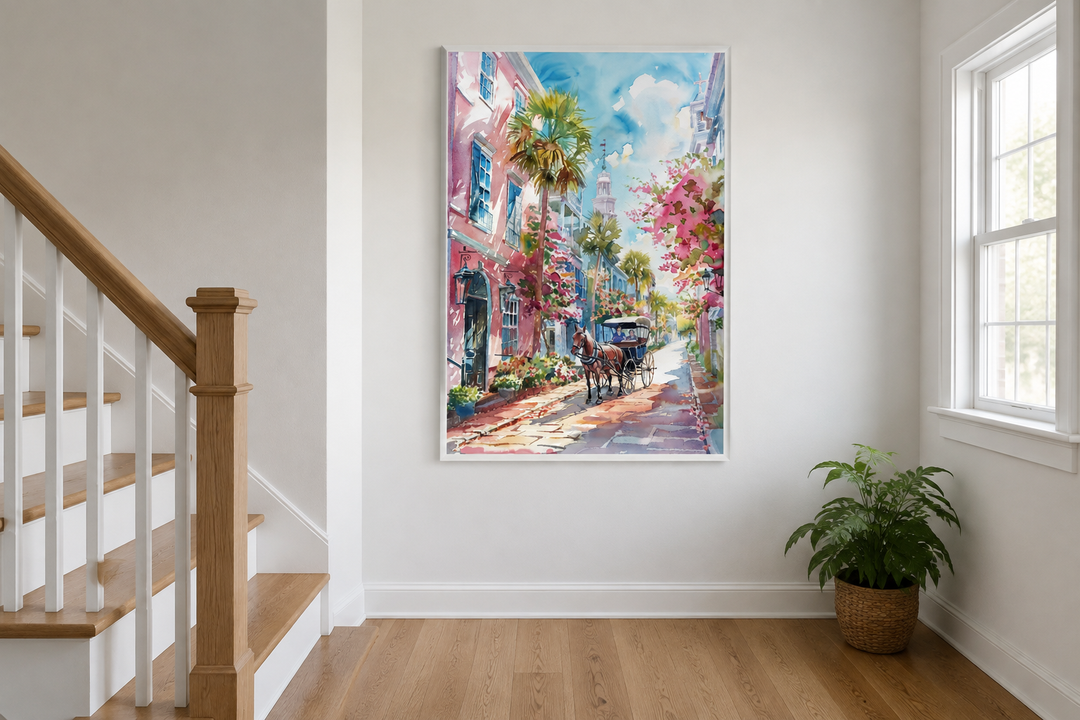 Charleston Horse Carriage In The Street Framed Canvas Wall Art