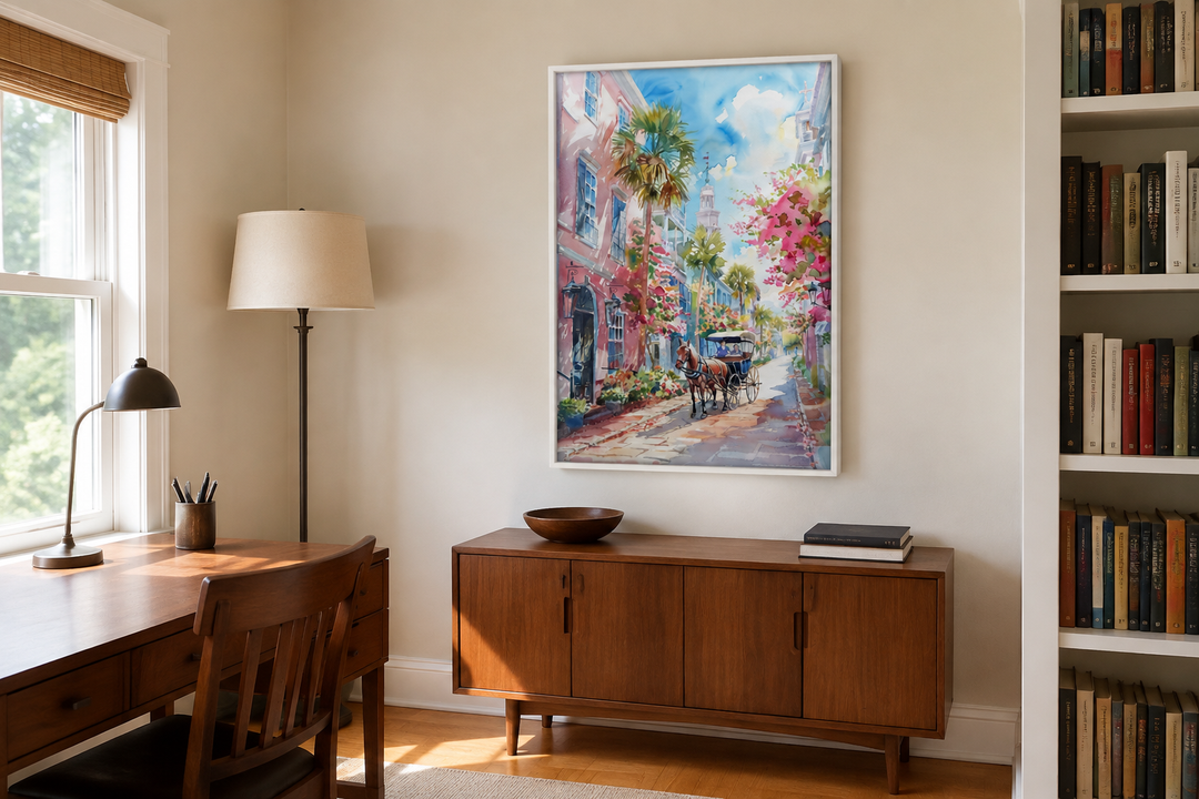 Charleston Horse Carriage In The Street Framed Canvas Wall Art