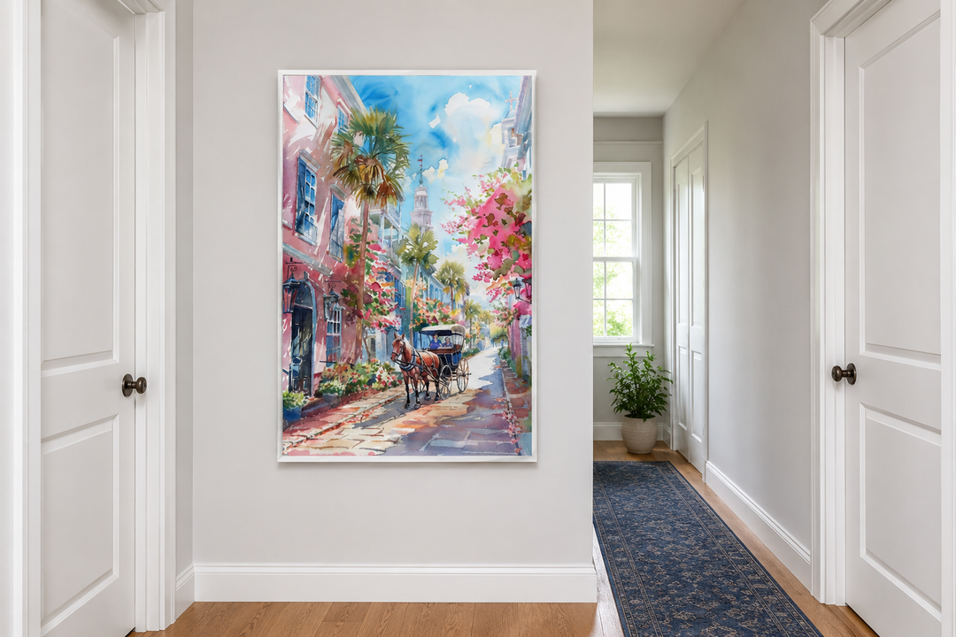 Charleston Horse Carriage In The Street Framed Canvas Wall Art
