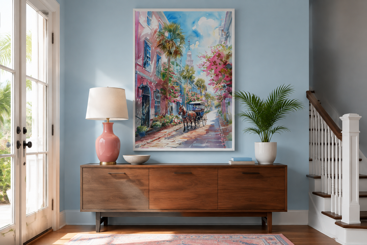 Charleston Horse Carriage In The Street Framed Canvas Wall Art