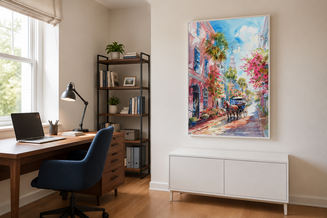 Charleston Horse Carriage In The Street Framed Canvas Wall Art