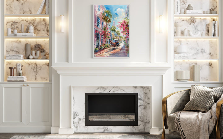 Charleston horse carriage in the street framed canvas wall art.