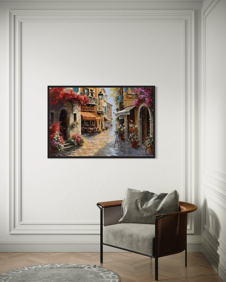 Charming Italian Street With Restaurants Framed Canvas Wall Art