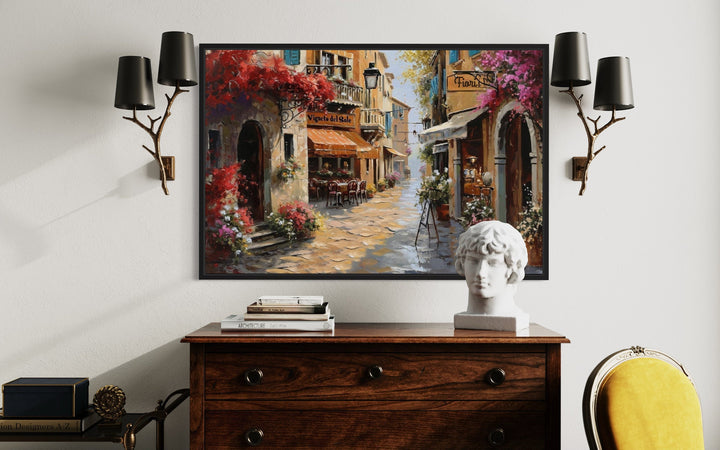 Charming Italian Street With Restaurants Framed Canvas Wall Art