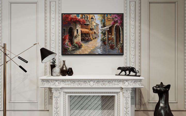 Charming Italian Street With Restaurants Framed Canvas Wall Art