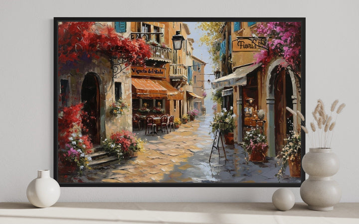 Charming Italian Street With Restaurants Framed Canvas Wall Art