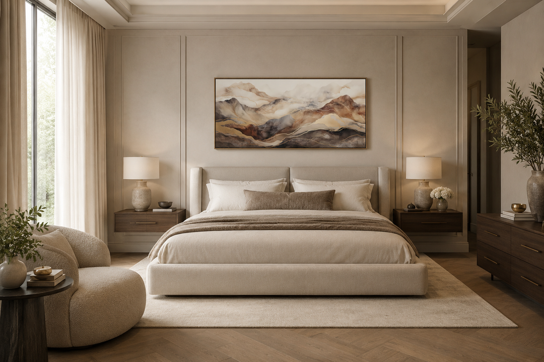 Brown and beige abstract marble mountain framed canvas wall art hung above a bed in a bedroom.