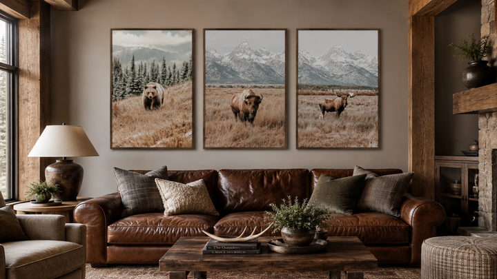 Set of 3 Grand Teton wildlife prints featuring a bear, bison, and moose in neutral tones.