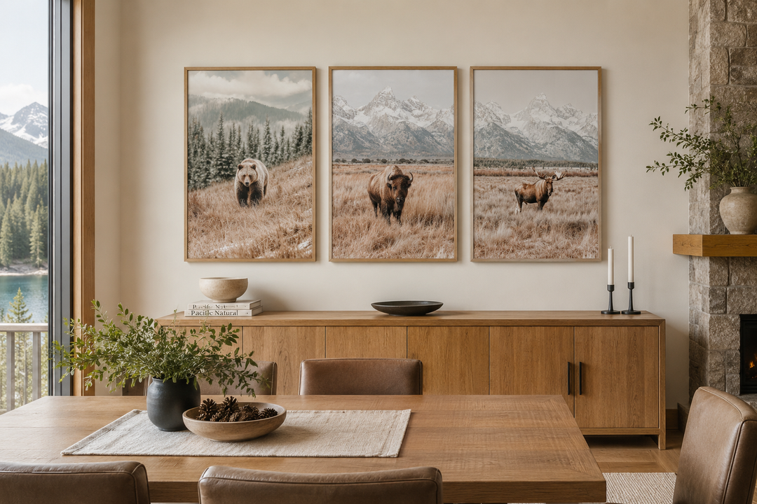 Grand Teton wildlife wall art set of 3 featuring neutral-toned bear, bison, and moose prints.