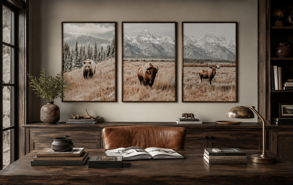 Set of 3 Grand Teton wildlife prints featuring a bear, bison, and moose in neutral tones.