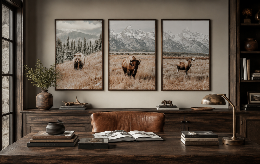 Set of 3 Grand Teton wildlife prints featuring a bear, bison, and moose in neutral tones.