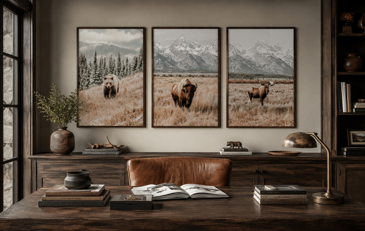 Set of 3 Grand Teton wildlife prints featuring a bear, bison, and moose in neutral tones.