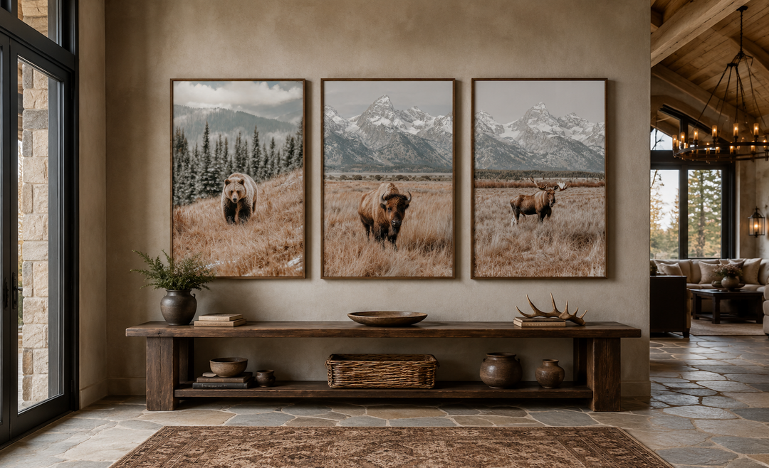 Set of 3 Grand Teton wildlife prints featuring a bear, bison, and moose in neutral tones.