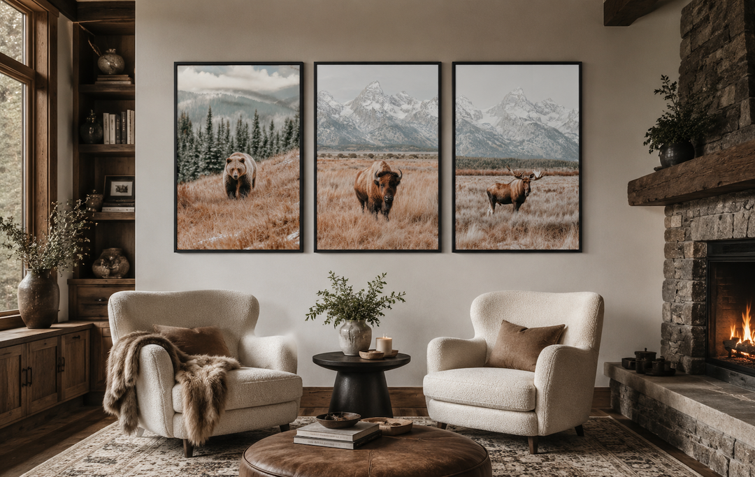 Set of 3 Grand Teton wildlife prints featuring a bear, bison, and moose in neutral tones.