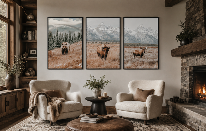 Set of 3 Grand Teton wildlife prints featuring a bear, bison, and moose in neutral tones.