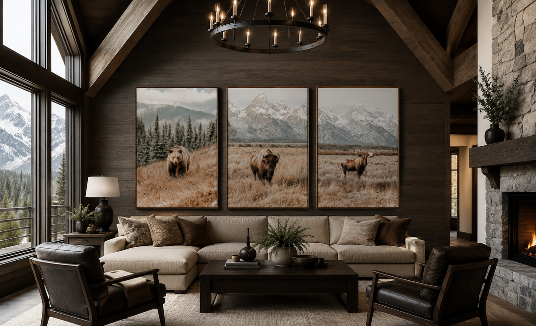 Set of 3 vertical wildlife prints featuring a bear, bison, and moose in a rustic living room.