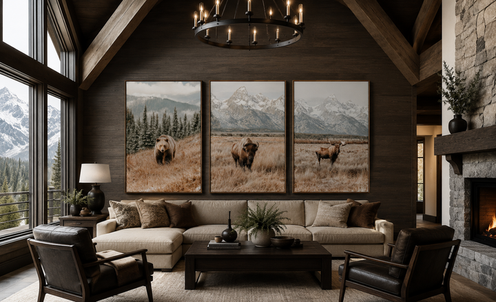 Set of 3 vertical wildlife prints featuring a bear, bison, and moose in a rustic living room.