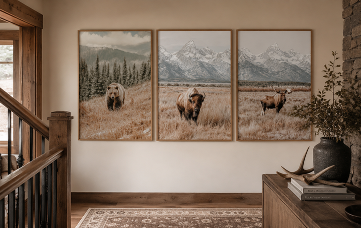 Set of 3 Grand Teton wildlife prints featuring a bear, bison, and moose in neutral tones.