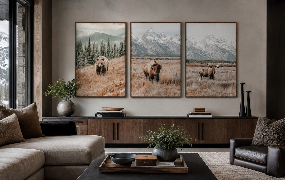 Set of 3 Grand Teton wildlife prints featuring a bear, bison, and moose in neutral tones.
