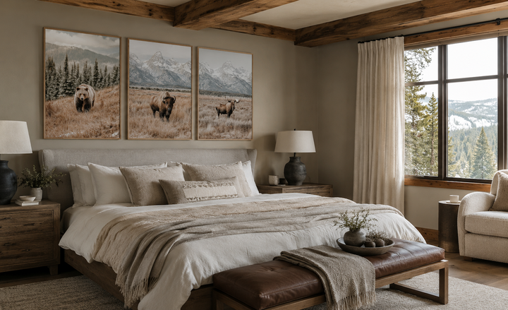 Grand Teton wildlife wall art set of 3 featuring neutral-toned bear, bison, and moose prints.
