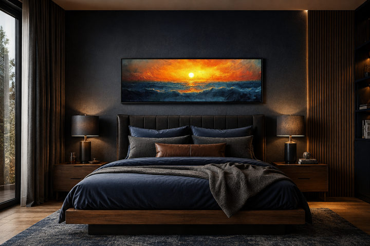 Ocean sunset long horizontal framed canvas wall art hanging above a bed in a dark modern bedroom.