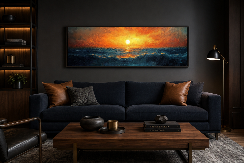 Ocean sunset long horizontal framed canvas wall art hanging above a dark blue sofa in a living room.