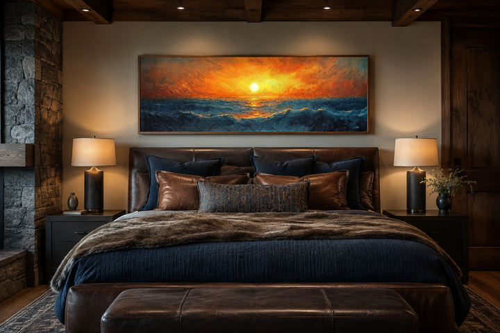 Ocean sunset long horizontal framed canvas wall art hanging above a bed in a rustic bedroom.