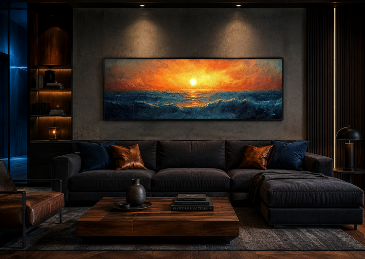 Ocean sunset long horizontal framed canvas wall art hanging above a dark sofa in a modern room.