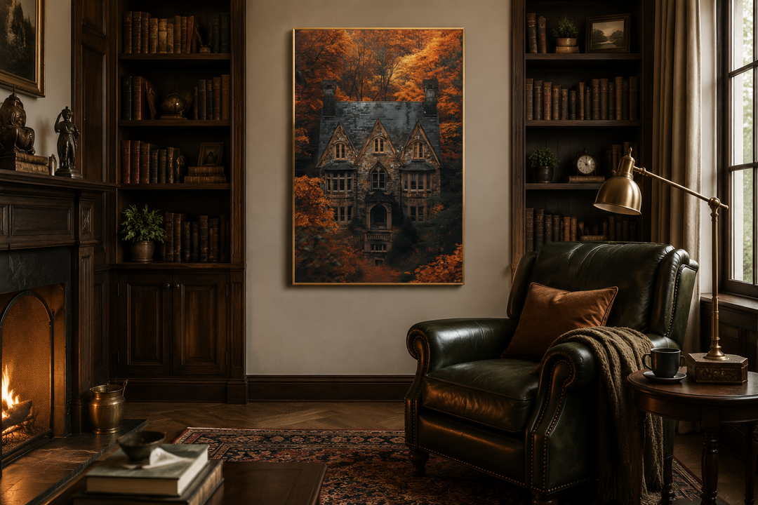 Gothic haunted house canvas art in a dark academia library with a leather chair and fireplace.
