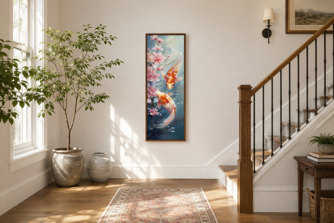 Tall narrow vertical framed canvas wall art featuring two koi fish and pink cherry blossoms.