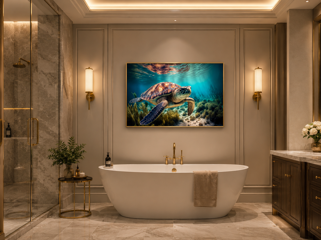 Sea turtle in coral reef underwater canvas wall art hanging above a bathtub in a modern bathroom.