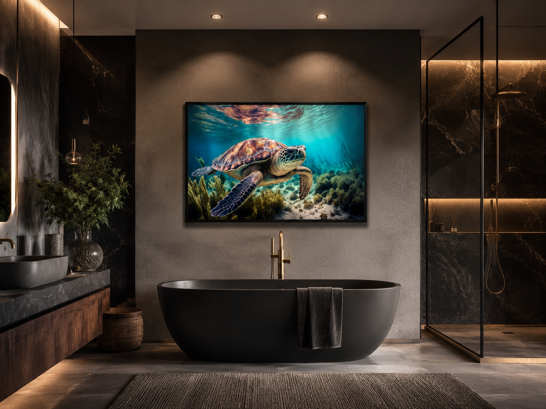 Sea turtle in coral reef underwater canvas wall art hanging above a black bathtub in a bathroom.