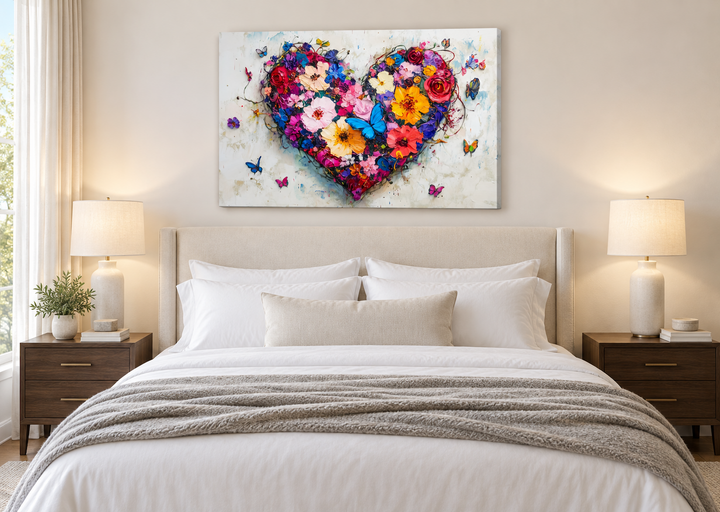 Pink floral heart with butterflies canvas wall art hanging above a bed in a modern bedroom.