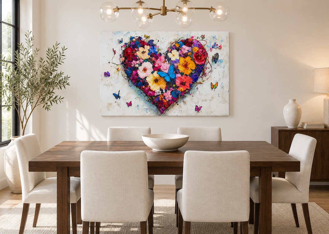 Pink floral heart with butterflies canvas wall art above a wooden dining table with white chairs.