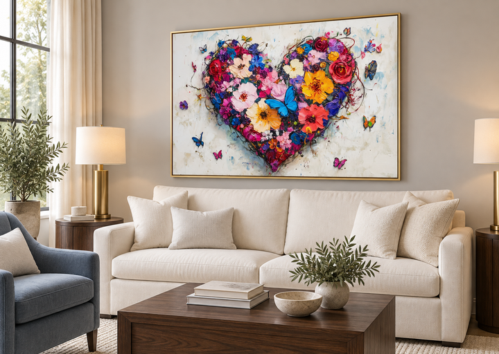 Pink floral heart with butterflies wall art in a modern living room above a white sofa.