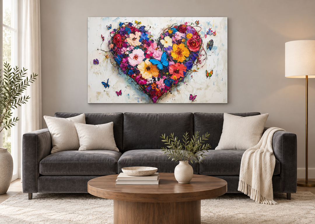 Pink floral heart with butterflies canvas wall art above a dark grey sofa in a modern living room.