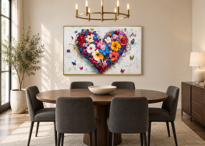 Pink floral heart with butterflies wall art in a gold frame above a modern dining table.